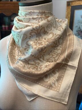 Vintage Russell Hampton beige and cream silk patterned scarf